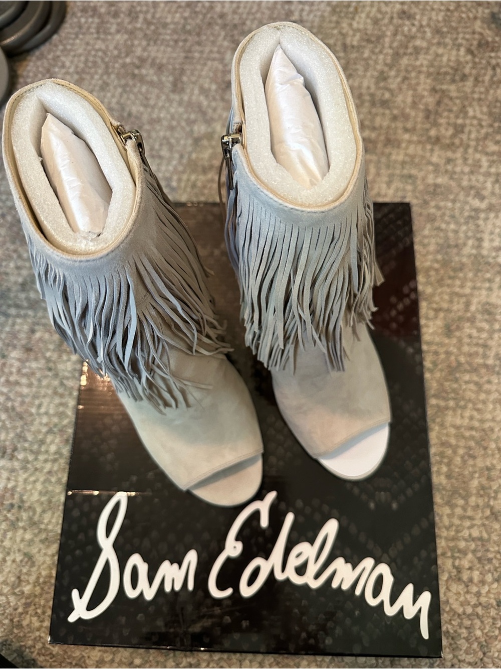 Sam Edelman Gray Suede Fringe Peep-Toe Heeled Boots